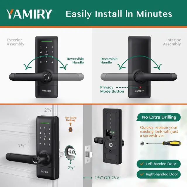 Alt view image 6 of 6 - Yamiry Smart Door Lock, Biometric Fingerprint, Keyless Entry, App Control, 6 Ways to Unlock, DIY Installation, Black