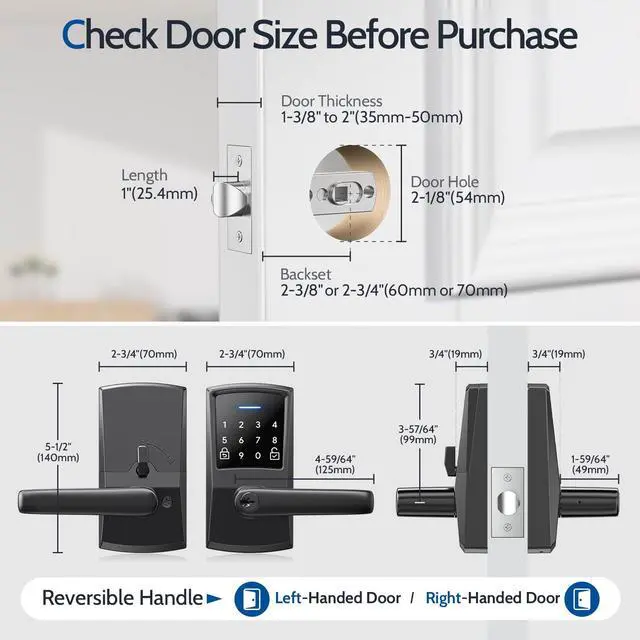 Alt view image 6 of 7 - Keypad Door Lock with Handle, Nyboer Keyless Entry Digital Handle Lock, Smart Locks for Front Door, Electronic Knob with Code, Easy Installation, Matte Black