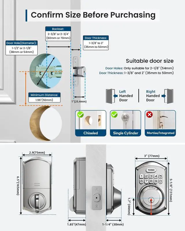 Alt view image 2 of 7 - TEEHO TE011W Wi-Fi Keyless Entry Door Lock with Keypad - Smart Deadbolt Lock for Front Door with 2 Keys - Remote Control, Compatible with Alexa & Google, APP Unlock - Easy Installation - Satin Nickel