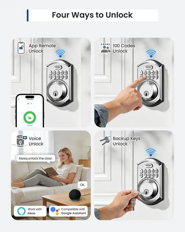 Alt view image 3 of 7 - TEEHO TE011W Wi-Fi Keyless Entry Door Lock with Keypad - Smart Deadbolt Lock for Front Door with 2 Keys - Remote Control, Compatible with Alexa & Google, APP Unlock - Easy Installation - Satin Nickel