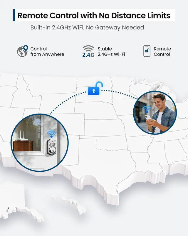 Alt view image 4 of 7 - TEEHO TE011W Wi-Fi Keyless Entry Door Lock with Keypad - Smart Deadbolt Lock for Front Door with 2 Keys - Remote Control, Compatible with Alexa & Google, APP Unlock - Easy Installation - Satin Nickel