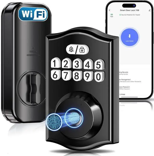 Main image of Ulecoce Y58 Deadbolt Smart Lock with Built-in WiFi, 5-in-1 Keyless Entry Fingerprint Door Lock for Front Door, App Control, Auto Lock, 15-Min DIY Install, IP54 Waterproof, Matte Black