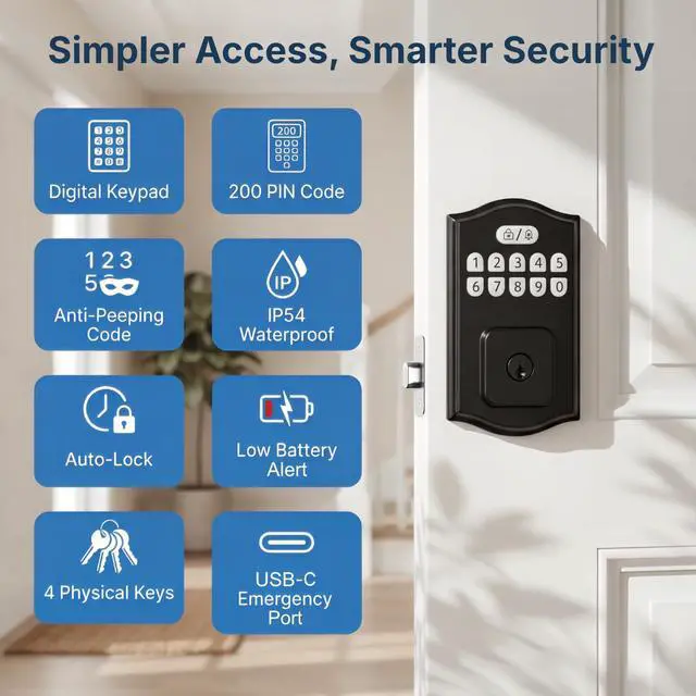 Alt view image 2 of 7 - Keyless Entry Door Lock, Smart Deadbolt with Keypad, Electronic Deadbolt with 200 User Codes & 4 Backup Keys, Auto-Lock Smart Door Lock for Front Door, Easy DIY Installation