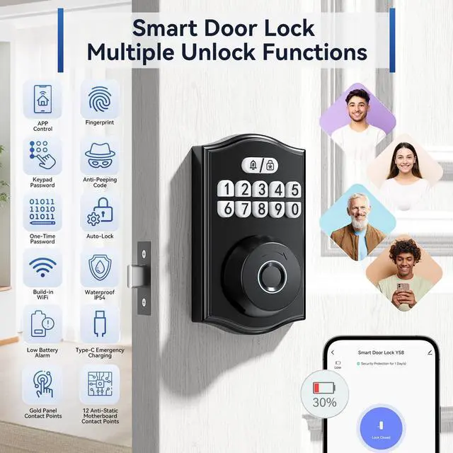 Alt view image 2 of 7 - Ulecoce Y58 Deadbolt Smart Lock with Built-in WiFi, 5-in-1 Keyless Entry Fingerprint Door Lock for Front Door, App Control, Auto Lock, 15-Min DIY Install, IP54 Waterproof, Matte Black
