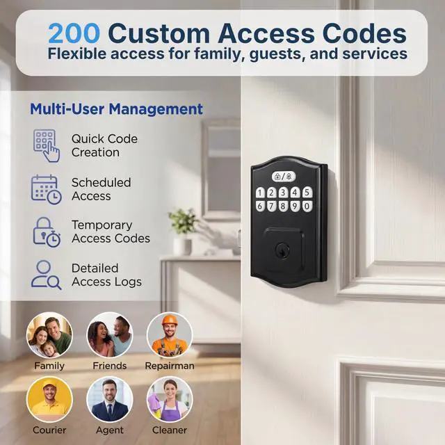 Alt view image 3 of 7 - Keyless Entry Door Lock, Smart Deadbolt with Keypad, Electronic Deadbolt with 200 User Codes & 4 Backup Keys, Auto-Lock Smart Door Lock for Front Door, Easy DIY Installation