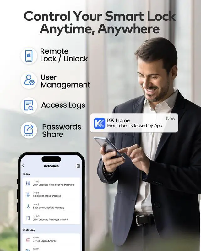 Alt view image 3 of 7 - TEEHO TE012W WiFi Smart Lock, Fingerprint Door Lock with Built-in Wi-Fi, Keyless Entry Keypad Smart Deadbolt, App Remote Control, Alexa Compatible, IP55 Waterproof for Front Door Satin Nickel