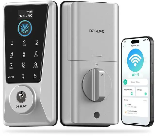 Main image of DESLOC WiFi Fingerprint Smart Keypad Door Lock D110 Plus with App Control | Front Door Smart Lock with Remote Access, Voice Control, Visual Display, Backlit, BHMA Grade 3, IP54, Auto-Lock, Silver