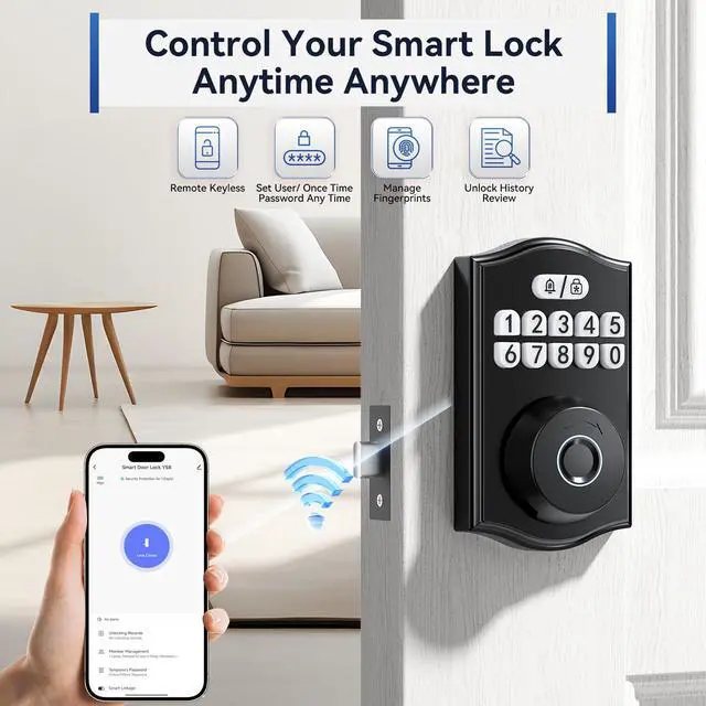 Alt view image 4 of 7 - Ulecoce Y58 Deadbolt Smart Lock with Built-in WiFi, 5-in-1 Keyless Entry Fingerprint Door Lock for Front Door, App Control, Auto Lock, 15-Min DIY Install, IP54 Waterproof, Matte Black
