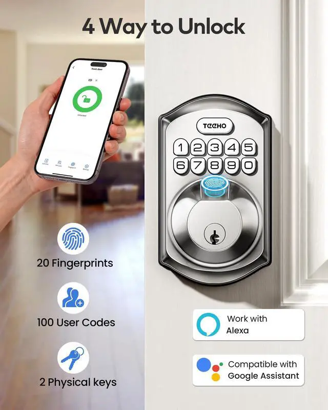 Alt view image 4 of 7 - TEEHO TE012W WiFi Smart Lock, Fingerprint Door Lock with Built-in Wi-Fi, Keyless Entry Keypad Smart Deadbolt, App Remote Control, Alexa Compatible, IP55 Waterproof for Front Door Satin Nickel