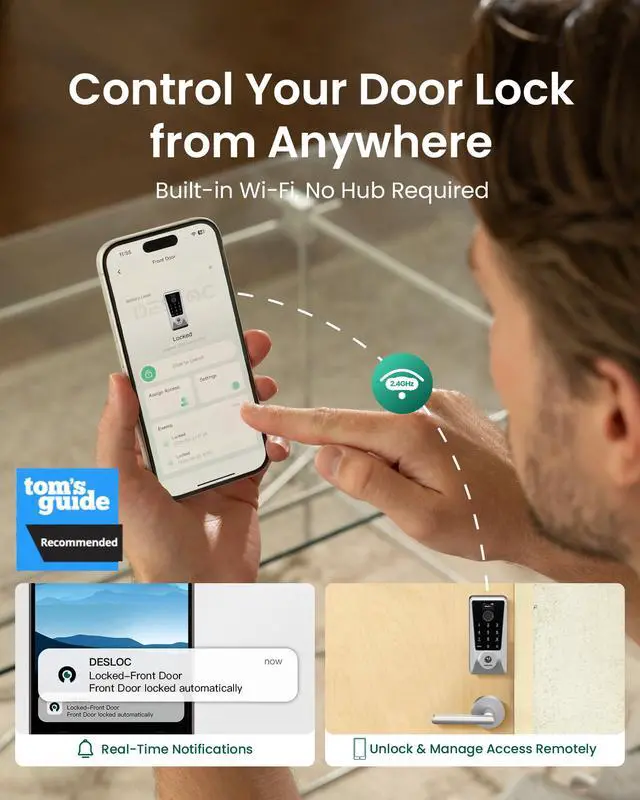 Alt view image 2 of 7 - DESLOC WiFi Fingerprint Smart Keypad Door Lock D110 Plus with App Control | Front Door Smart Lock with Remote Access, Voice Control, Visual Display, Backlit, BHMA Grade 3, IP54, Auto-Lock, Silver