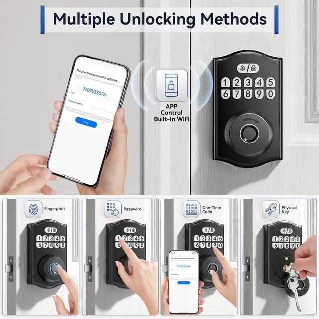 Alt view image 5 of 7 - Ulecoce Y58 Deadbolt Smart Lock with Built-in WiFi, 5-in-1 Keyless Entry Fingerprint Door Lock for Front Door, App Control, Auto Lock, 15-Min DIY Install, IP54 Waterproof, Matte Black