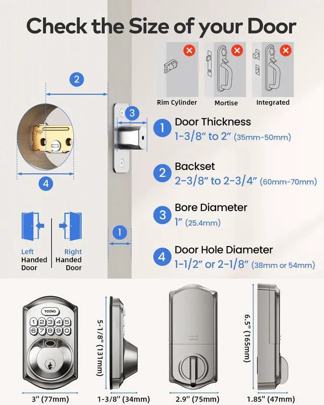 Alt view image 5 of 7 - TEEHO TE012W WiFi Smart Lock, Fingerprint Door Lock with Built-in Wi-Fi, Keyless Entry Keypad Smart Deadbolt, App Remote Control, Alexa Compatible, IP55 Waterproof for Front Door Satin Nickel