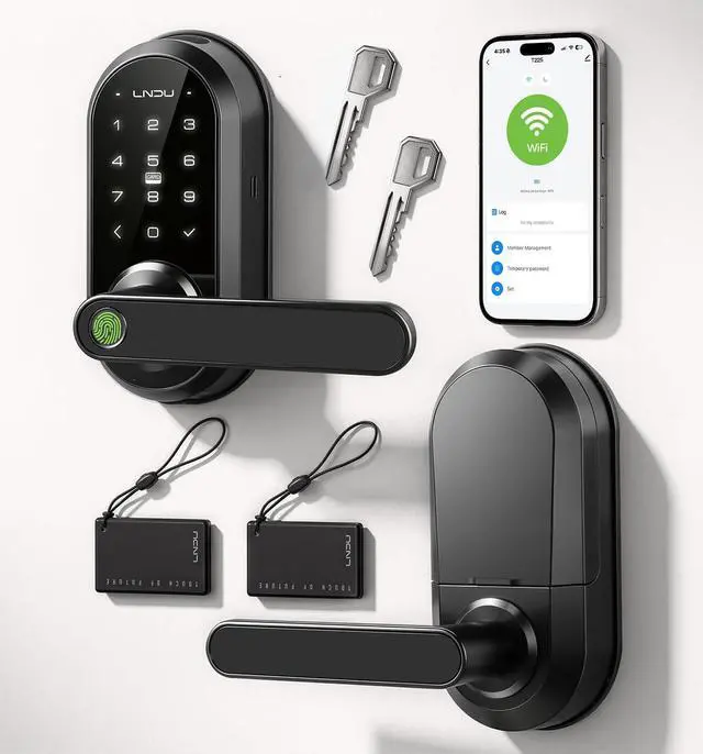 Main image of Smart Lock Keypad Door Lock with Handle, WiFi Keyless Entry Door Lock with Handle,Door Keypad Locks with Alexa & Google Assistant,Voice Control & APP Remote,Fingerprint,Key Fob,PIN Unlock,Auto Locking
