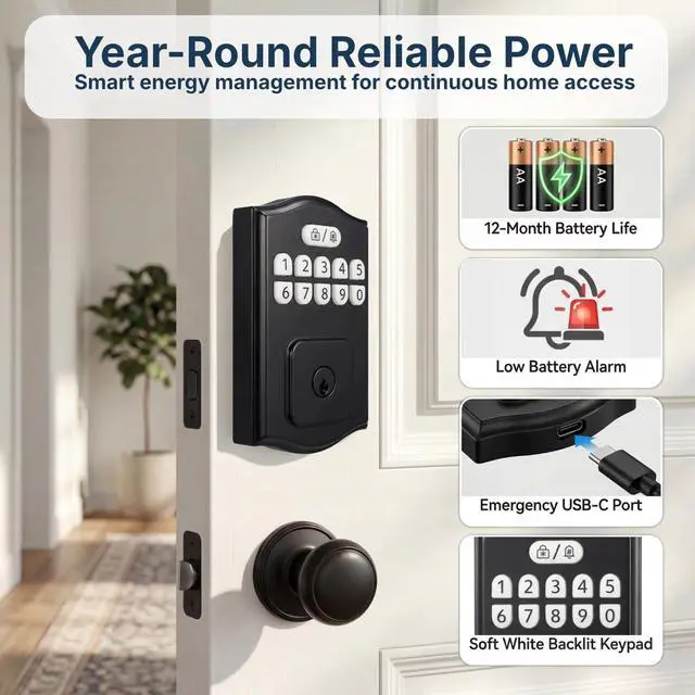 Alt view image 7 of 7 - Keyless Entry Door Lock, Smart Deadbolt with Keypad, Electronic Deadbolt with 200 User Codes & 4 Backup Keys, Auto-Lock Smart Door Lock for Front Door, Easy DIY Installation