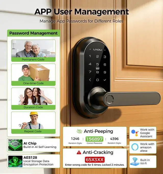 Alt view image 2 of 7 - Smart Lock Keypad Door Lock with Handle, WiFi Keyless Entry Door Lock with Handle,Door Keypad Locks with Alexa & Google Assistant,Voice Control & APP Remote,Fingerprint,Key Fob,PIN Unlock,Auto Locking
