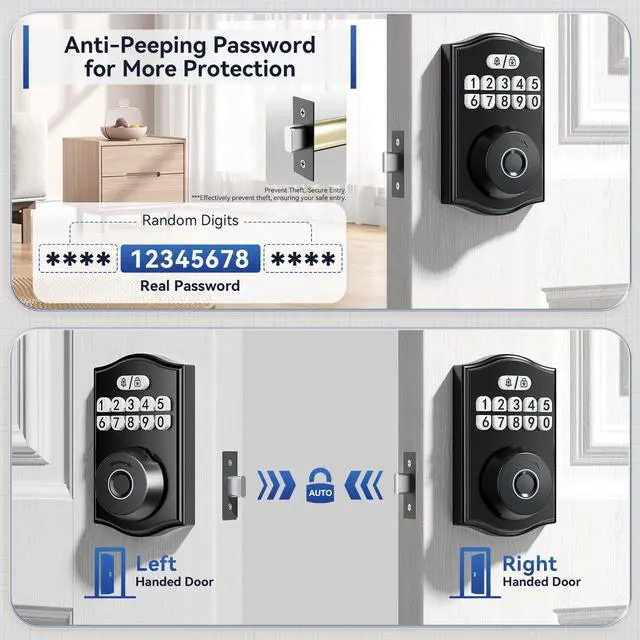 Alt view image 7 of 7 - Ulecoce Y58 Deadbolt Smart Lock with Built-in WiFi, 5-in-1 Keyless Entry Fingerprint Door Lock for Front Door, App Control, Auto Lock, 15-Min DIY Install, IP54 Waterproof, Matte Black