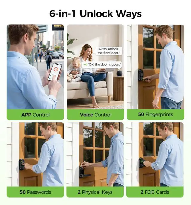 Alt view image 3 of 7 - Smart Lock Keypad Door Lock with Handle, WiFi Keyless Entry Door Lock with Handle,Door Keypad Locks with Alexa & Google Assistant,Voice Control & APP Remote,Fingerprint,Key Fob,PIN Unlock,Auto Locking