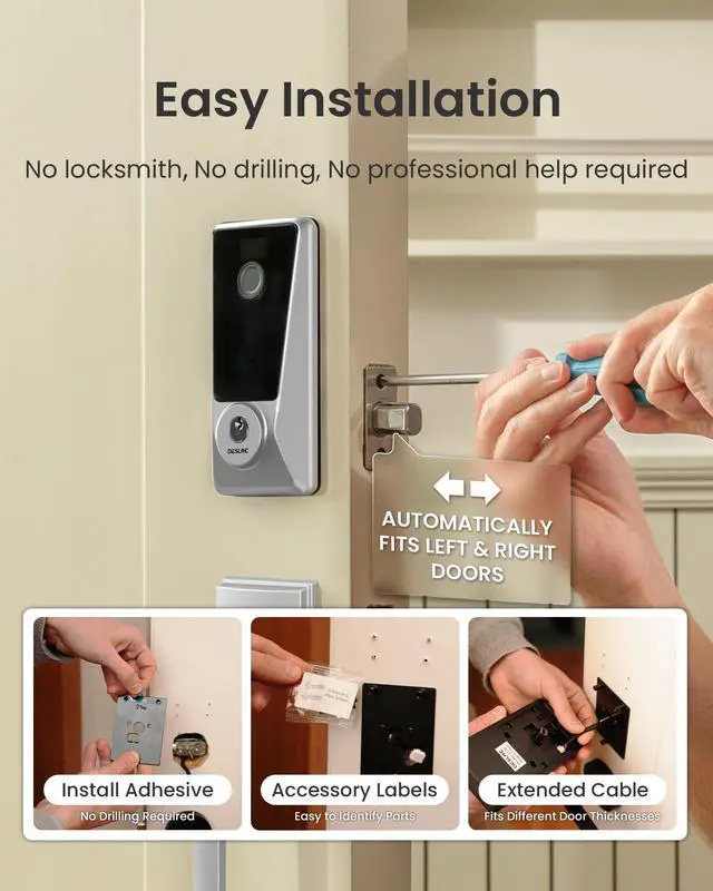 Alt view image 7 of 7 - DESLOC WiFi Fingerprint Smart Keypad Door Lock D110 Plus with App Control | Front Door Smart Lock with Remote Access, Voice Control, Visual Display, Backlit, BHMA Grade 3, IP54, Auto-Lock, Silver