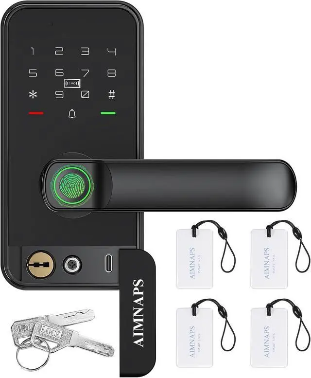 Main image of Keyless Entry Door Lock with Handle, Door Locks for Bedroom, Auto Lock, Fingerprint Door Knob with Key, Passcode, Digital Smart Code & Front Handle Sets-Black