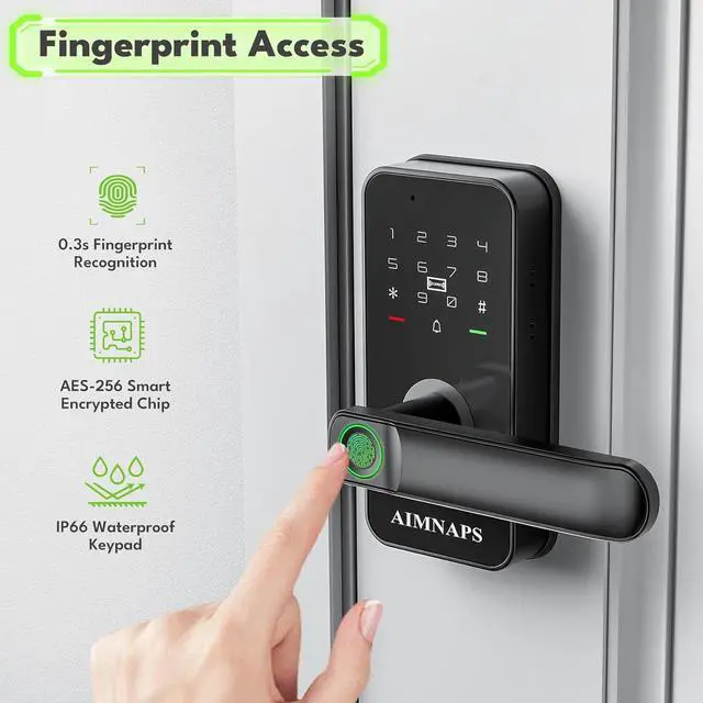 Alt view image 2 of 7 - Keyless Entry Door Lock with Handle, Door Locks for Bedroom, Auto Lock, Fingerprint Door Knob with Key, Passcode, Digital Smart Code & Front Handle Sets-Black