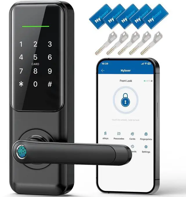 Main image of Nyboer Smart Keypad Door Lock with Handle for Front Door | 7 in 1 Keyless Entry with Fingerprint, Easy DIY Install, Remote & Voice Control, Auto-Lock, Ideal for Lockset Replacement