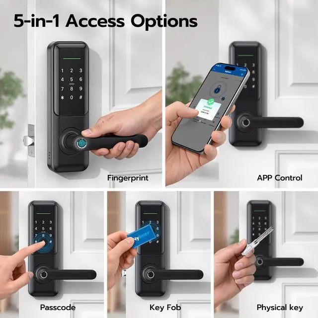 Alt view image 2 of 6 - Nyboer Smart Keypad Door Lock with Handle for Front Door | 7 in 1 Keyless Entry with Fingerprint, Easy DIY Install, Remote & Voice Control, Auto-Lock, Ideal for Lockset Replacement