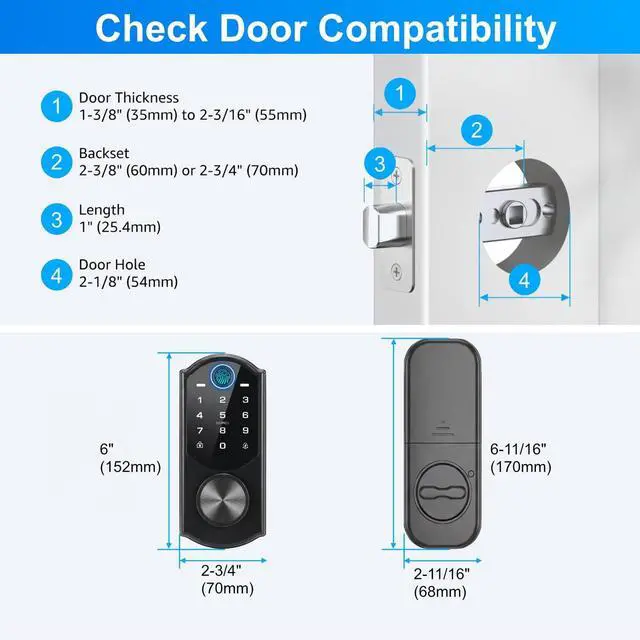 Alt view image 6 of 6 - Keyless Entry Door Lock with Built-in WiFi, Fingerprint Smart Lock for Front Door, Touchscreen Keypad Deadbolt, App Remote Control, Auto Lock, Easy Installation