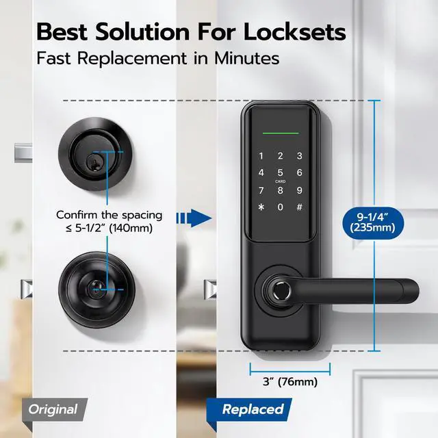 Alt view image 3 of 6 - Nyboer Smart Keypad Door Lock with Handle for Front Door | 7 in 1 Keyless Entry with Fingerprint, Easy DIY Install, Remote & Voice Control, Auto-Lock, Ideal for Lockset Replacement