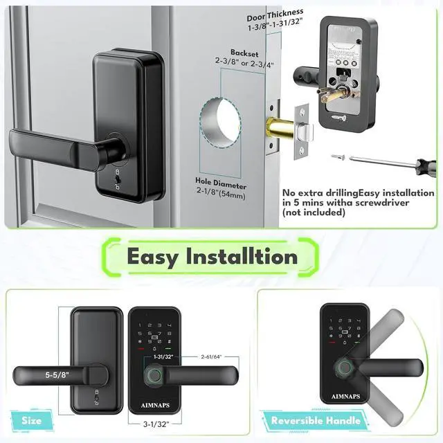 Alt view image 5 of 7 - Keyless Entry Door Lock with Handle, Door Locks for Bedroom, Auto Lock, Fingerprint Door Knob with Key, Passcode, Digital Smart Code & Front Handle Sets-Black