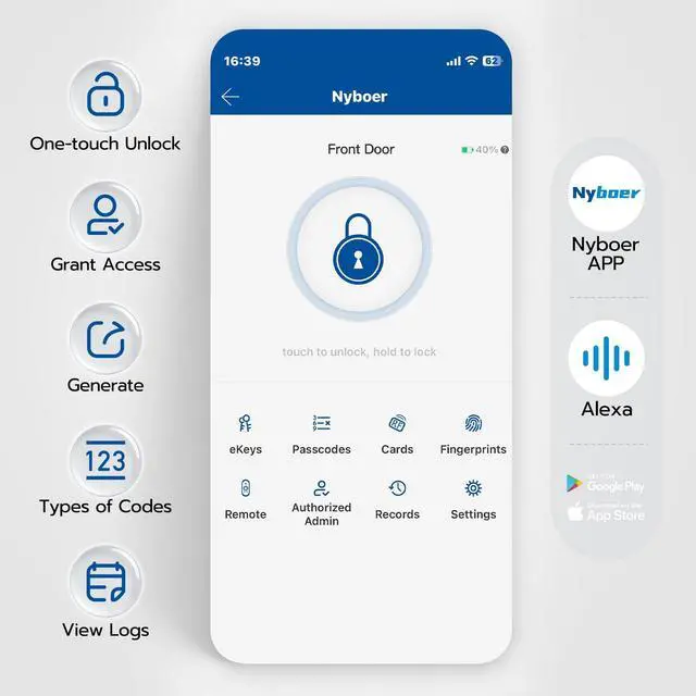 Alt view image 6 of 6 - Nyboer Smart Keypad Door Lock with Handle for Front Door | 7 in 1 Keyless Entry with Fingerprint, Easy DIY Install, Remote & Voice Control, Auto-Lock, Ideal for Lockset Replacement