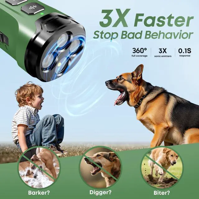 Alt view image 2 of 7 - Dog Bark Deterrent Devices - Humane & Effective Training Dog, Stop No More Barking with 3X Ultrasonic Emitters (Green)