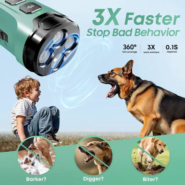 Alt view image 2 of 7 - Dog Bark Deterrent Devices - Humane & Effective Training Dog, Stop No More Barking with 3X Ultrasonic Emitters (Light Green)