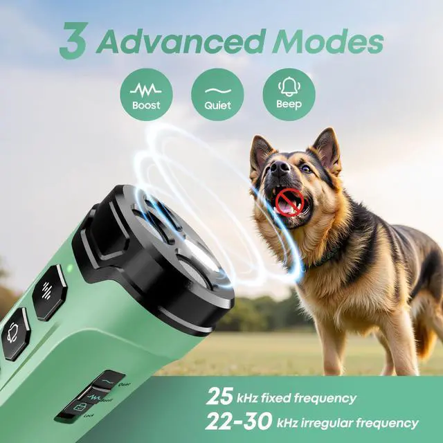 Alt view image 3 of 7 - Dog Bark Deterrent Devices - Humane & Effective Training Dog, Stop No More Barking with 3X Ultrasonic Emitters (Light Green)