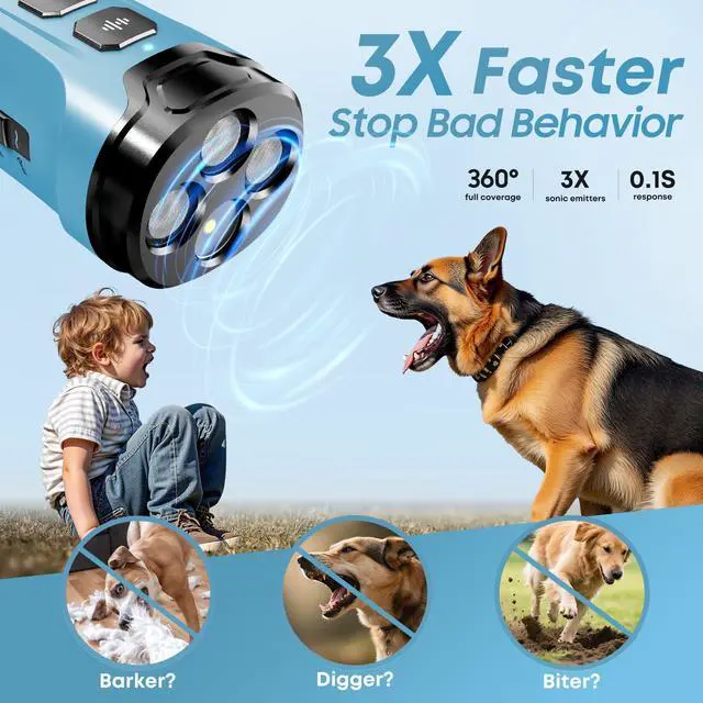 Alt view image 2 of 7 - Dog Bark Deterrent Devices - Humane & Effective Training Dog, Stop No More Barking with 3X Ultrasonic Emitters (Light Blue)