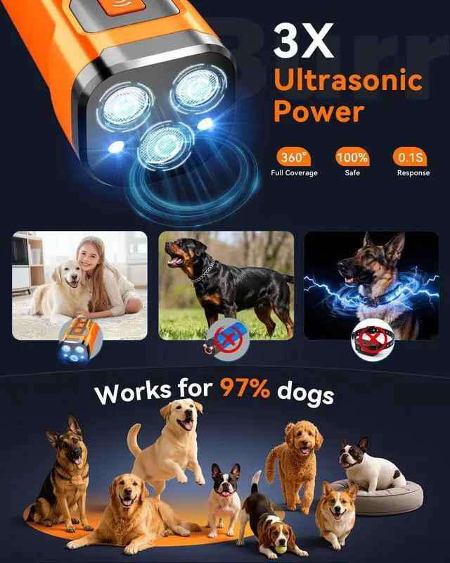 Alt view image 2 of 6 - Dog Bark Deterrent Devices, 3X Ultrasonic Anti Barking Device for Dogs, 6 Modes Stop Neighbors Dog Barks No More Bark Control | 33 FT Range Indoors Outdoors with Flashlight, Safe & Humane Behavior Cor