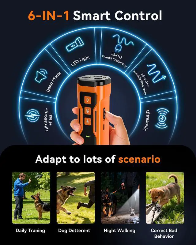Alt view image 3 of 6 - Dog Bark Deterrent Devices, 3X Ultrasonic Anti Barking Device for Dogs, 6 Modes Stop Neighbors Dog Barks No More Bark Control | 33 FT Range Indoors Outdoors with Flashlight, Safe & Humane Behavior Cor