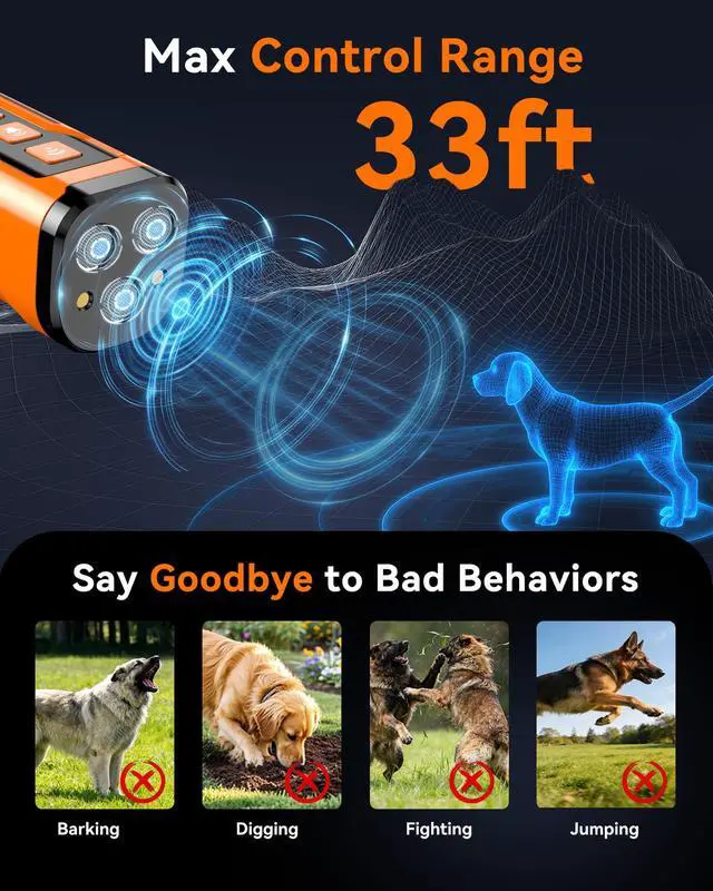 Alt view image 4 of 6 - Dog Bark Deterrent Devices, 3X Ultrasonic Anti Barking Device for Dogs, 6 Modes Stop Neighbors Dog Barks No More Bark Control | 33 FT Range Indoors Outdoors with Flashlight, Safe & Humane Behavior Cor