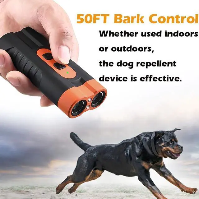 Alt view image 5 of 7 - Dog Bark Deterrent Device Rechargeable,Anti Bark Tool for Dogs,Ultrasonic Dual Emitter 50ft Safe Correction Tools to Control Dog's Bark 25KHz,Trainer Barking Silencer Indoor&Outdoor with Flashlight