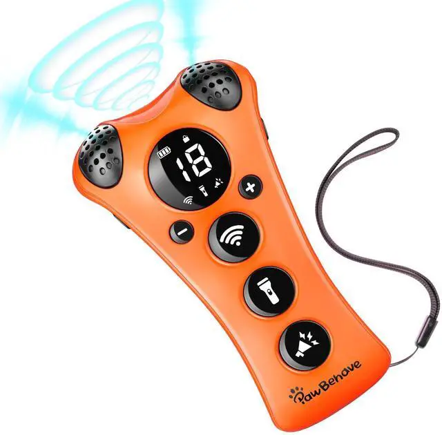 Main image of PawBehave Adjustable Ultrasonic Dog Trainer World's First Variable Frequency Pet Behavior Corrector with 10 Level Ultra Sound, 18 Dog Whistles, Anti-Bark Flashlight, Humane Dog Deterrent (Orange)