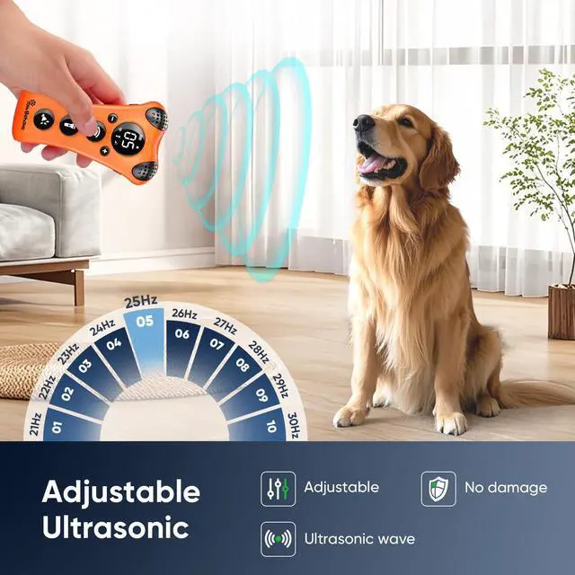 Alt view image 2 of 7 - PawBehave Adjustable Ultrasonic Dog Trainer World's First Variable Frequency Pet Behavior Corrector with 10 Level Ultra Sound, 18 Dog Whistles, Anti-Bark Flashlight, Humane Dog Deterrent (Orange)