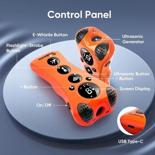 Alt view image 5 of 7 - PawBehave Adjustable Ultrasonic Dog Trainer World's First Variable Frequency Pet Behavior Corrector with 10 Level Ultra Sound, 18 Dog Whistles, Anti-Bark Flashlight, Humane Dog Deterrent (Orange)