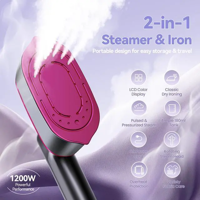 Alt view image 2 of 7 - Travel Steamer for Clothes, 2-in-1 Clothes Steamer Handheld & 4 Modes LCD Display Portable Steam Iron, Hand Steamer for Clothes 1200W 15S Fast Heat-up 180ml Tank for 20Min Garment Steamer, 100-120V