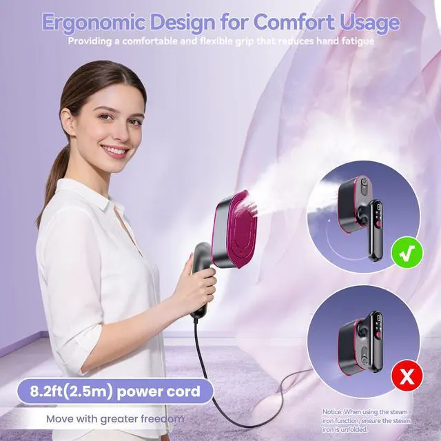 Alt view image 4 of 7 - Travel Steamer for Clothes, 2-in-1 Clothes Steamer Handheld & 4 Modes LCD Display Portable Steam Iron, Hand Steamer for Clothes 1200W 15S Fast Heat-up 180ml Tank for 20Min Garment Steamer, 100-120V