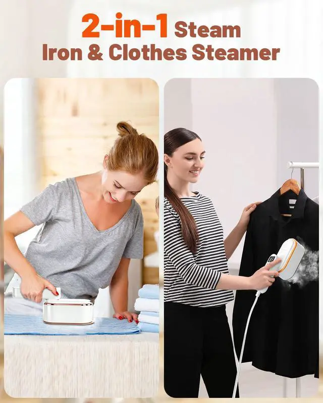 Alt view image 3 of 7 - Travel Steamer for Clothes, 2-in-1 Handheld Garment Steamer Iron, 180° Rotatable Handle, 15s Fast Heat-up, 1200W Dry & Wet Ironing Machine, Ceramic Soleplate, White