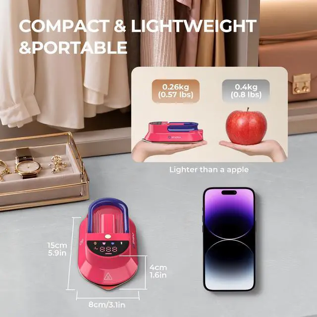 Alt view image 2 of 7 - Mini Travel Iron for Clothes - Dual Voltage 100-240V Lightweight Portable Dry Iron with Case, Digital Temp Display, Detachable Handle & Cord, Nonstick Soleplate for Sewing, Quilting, Crafts
