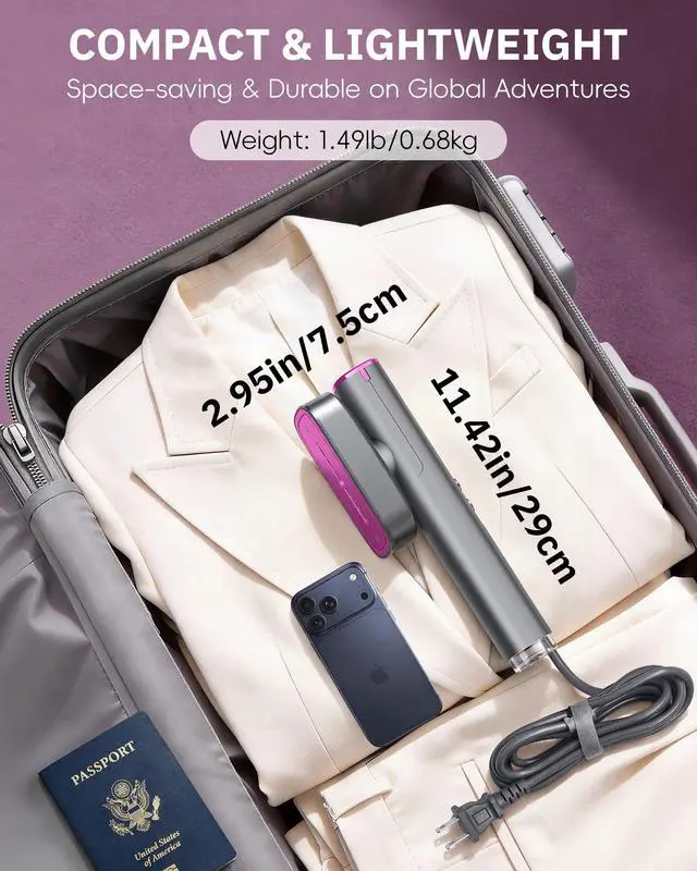 Alt view image 6 of 7 - OGHom Steamer for Clothes, 110-240V Travel Steamer & Iron 2 in 1, 1000W Powerful Steam, Portable Handheld Garment Wrinkle Remover, 30s Fast Heat-Up with Dry & 2-Steam Control, for Global & Europe