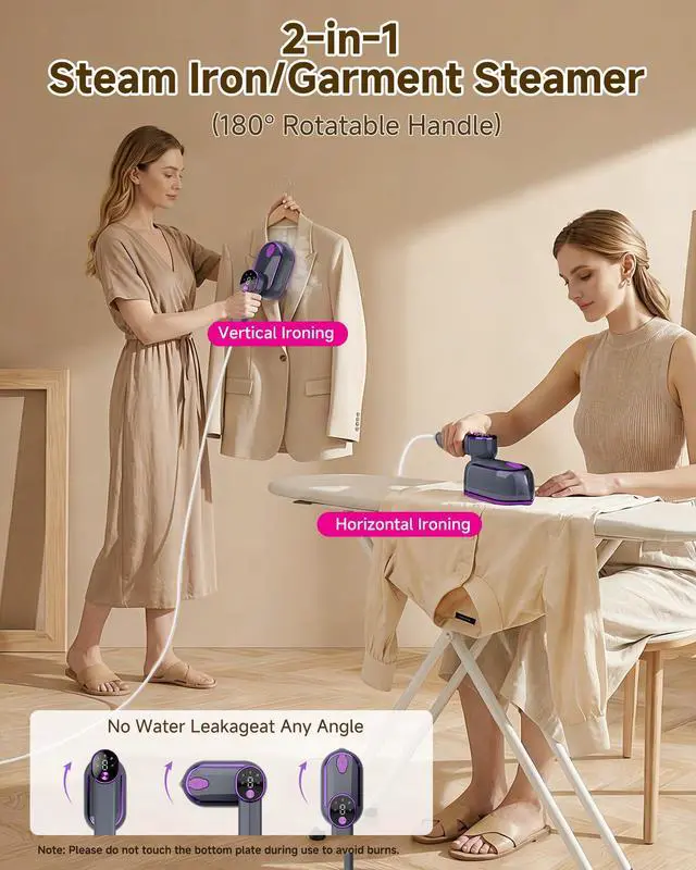 Alt view image 4 of 7 - Travel Steamer for Clothes, 2 in 1 Clothes Steamer Handheld, 1200W 4 Modes 10s Fast Heat-Up, 180° Rotating Handle Ceramic Soleplate, 6.23FT Extended Power Cord, for Travel Home Office