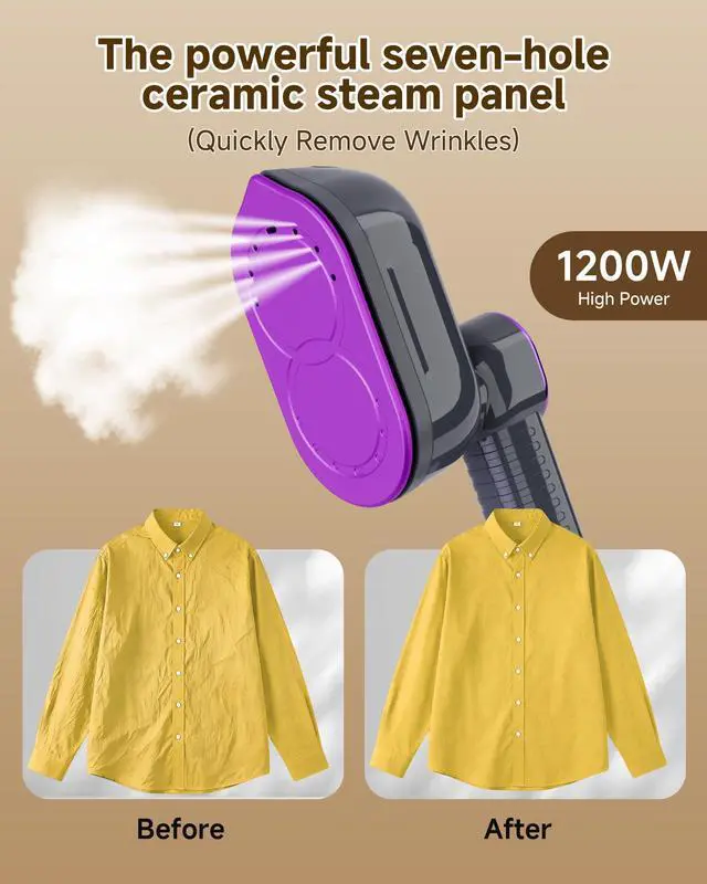 Alt view image 5 of 7 - Travel Steamer for Clothes, 2 in 1 Clothes Steamer Handheld, 1200W 4 Modes 10s Fast Heat-Up, 180° Rotating Handle Ceramic Soleplate, 6.23FT Extended Power Cord, for Travel Home Office