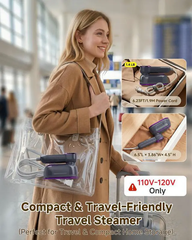 Alt view image 7 of 7 - Travel Steamer for Clothes, 2 in 1 Clothes Steamer Handheld, 1200W 4 Modes 10s Fast Heat-Up, 180° Rotating Handle Ceramic Soleplate, 6.23FT Extended Power Cord, for Travel Home Office