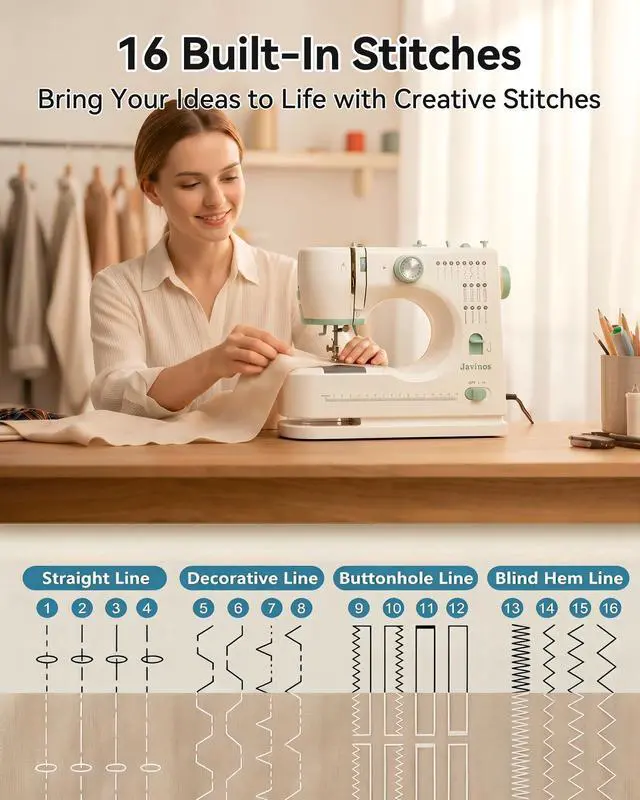 Alt view image 2 of 7 - Sewing Machine for Beginners, 16 Stitches, Portable for Home Use | 38Pcs Sewing Kit, Twin Needle, 2 Speed, Tutorial Video, Storage Drawer, Compact Design, DIY & Clothing Repair, Green